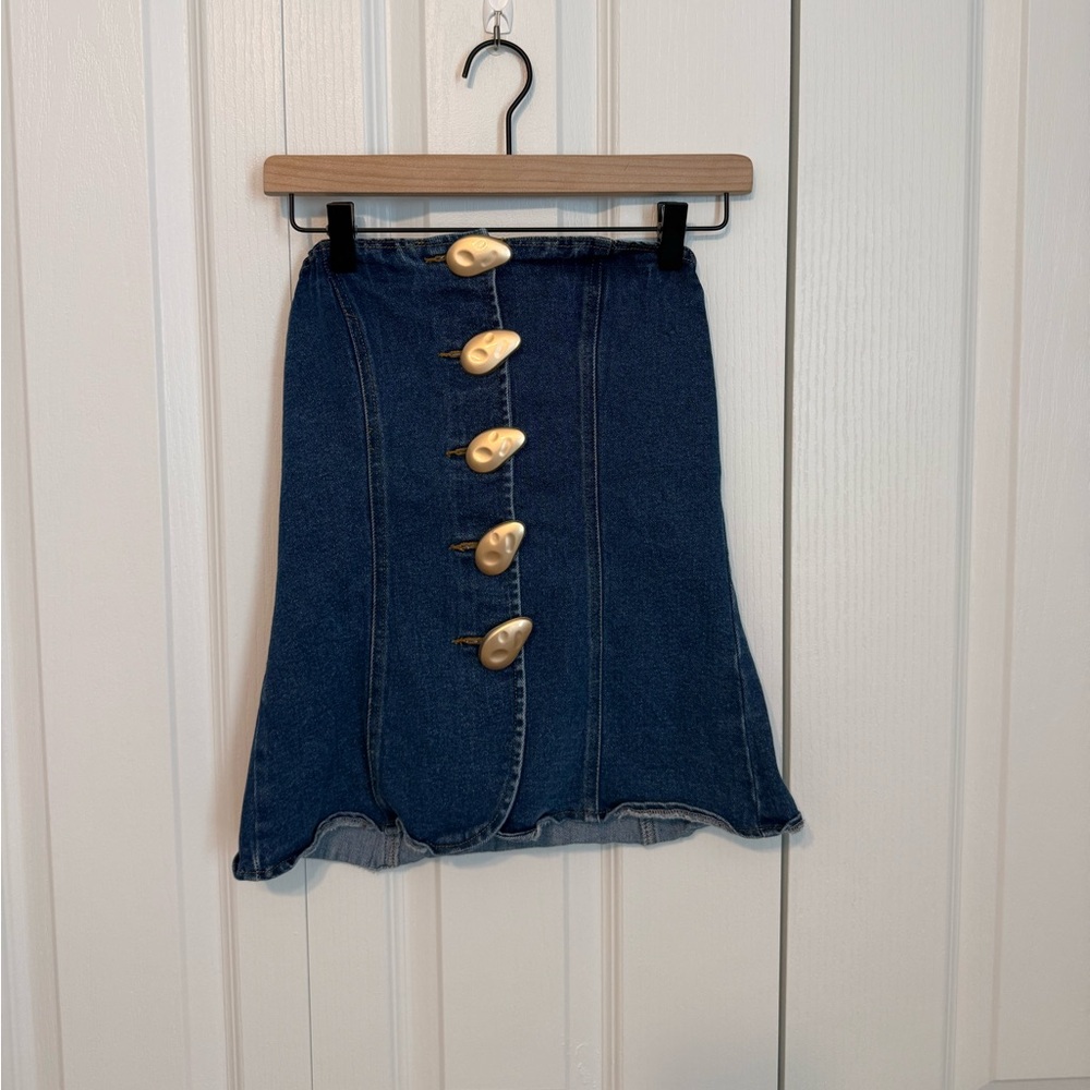 Chic Blue Denim Top with Gold Buttons